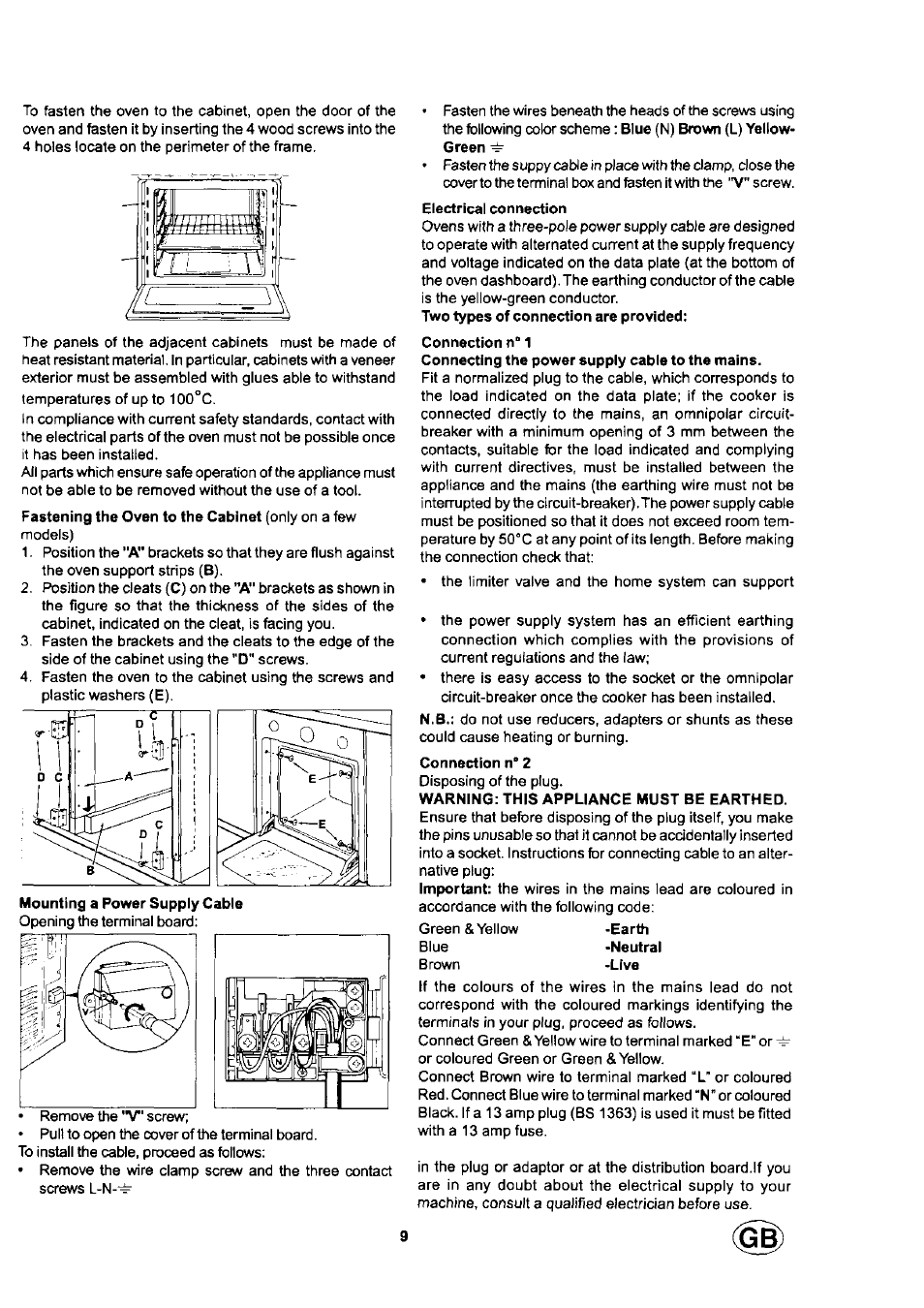 Electrical connection, Connection n” 1, Connection n" 2 | Warning: this appliance must be earthed | Ariston fm81r ix aus User Manual | Page 9 / 10