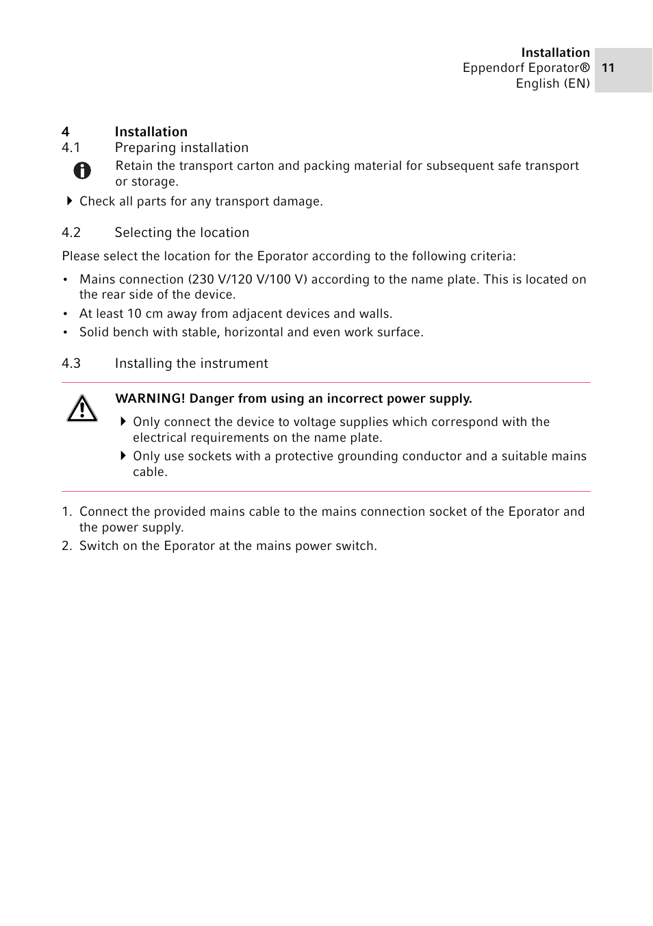 4 installation, 1 preparing installation, 2 selecting the location | 3 installing the instrument, Installation 4.1, Preparing installation, Selecting the location, Installing the instrument | Eppendorf Eporator User Manual | Page 11 / 38