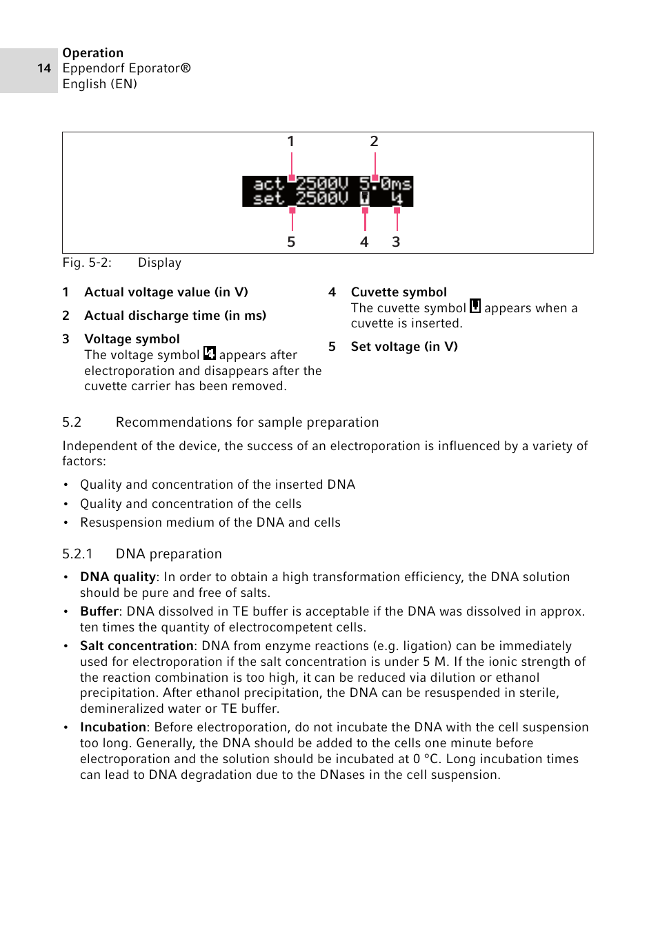 2 recommendations for sample preparation, 1 dna preparation, Recommendations for sample preparation 5.2.1 | Dna preparation | Eppendorf Eporator User Manual | Page 14 / 38