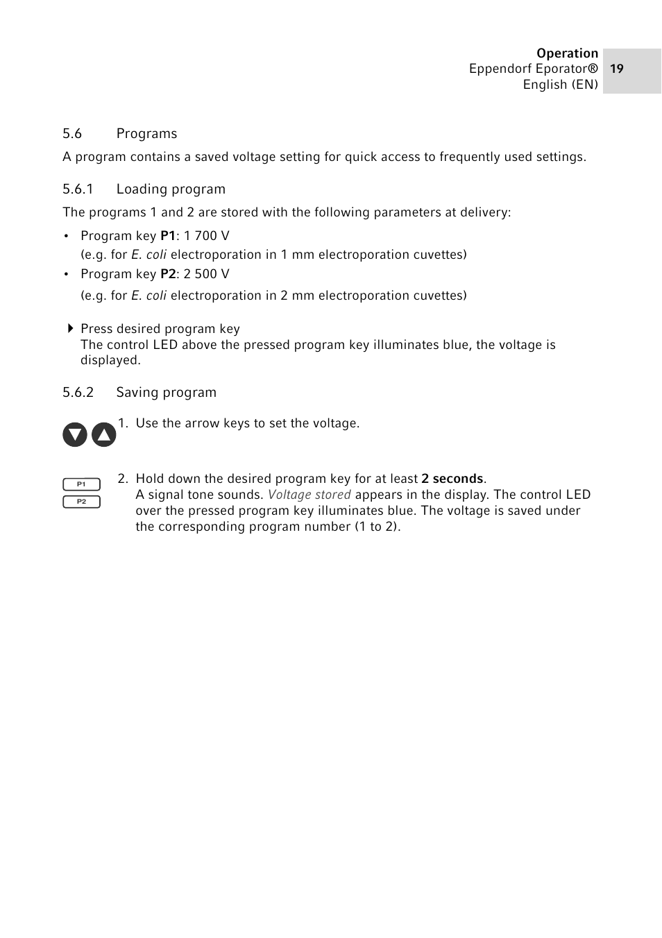 6 programs, 1 loading program, 2 saving program | Programs 5.6.1, Loading program, Saving program | Eppendorf Eporator User Manual | Page 19 / 38