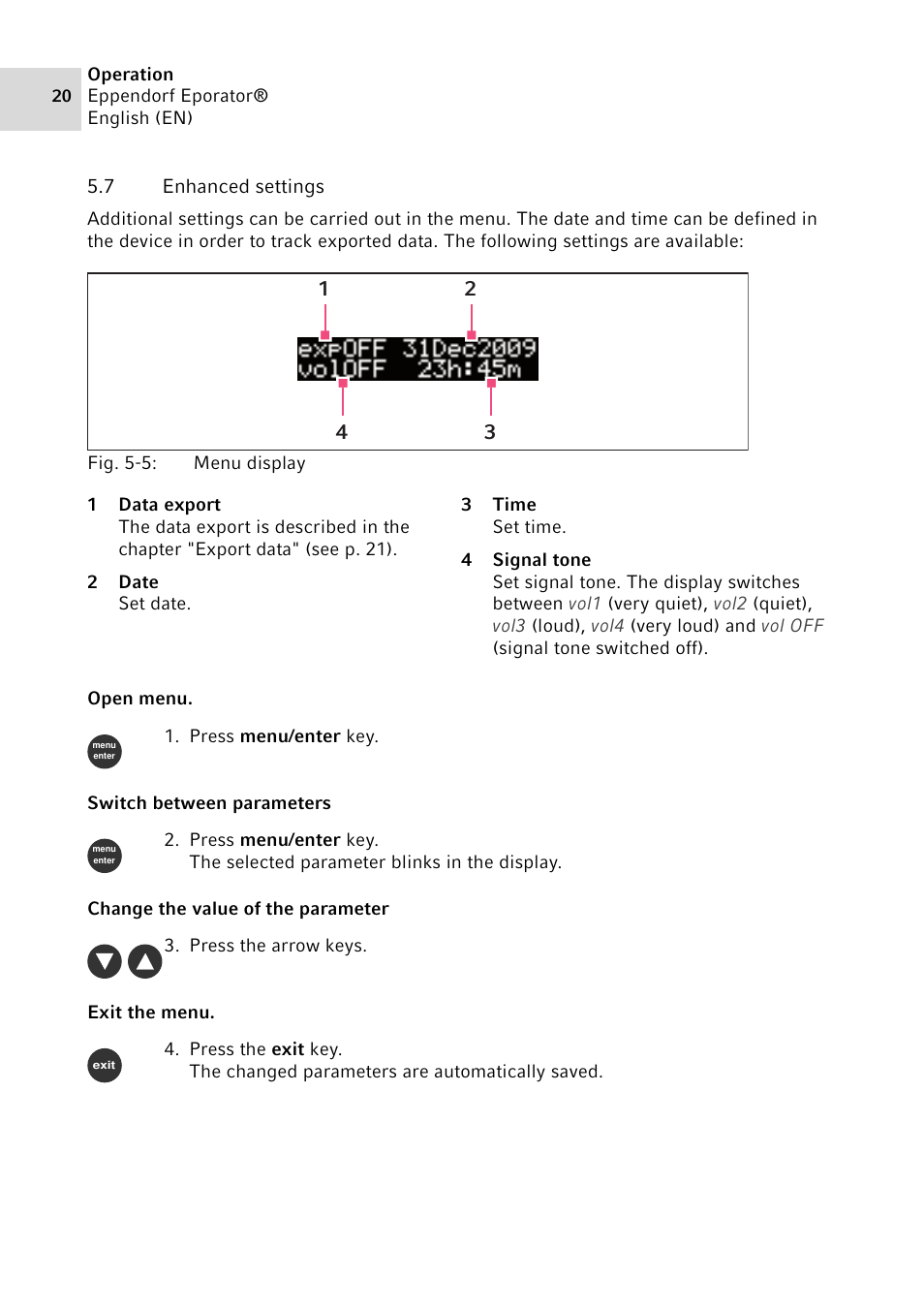 7 enhanced settings, Enhanced settings | Eppendorf Eporator User Manual | Page 20 / 38