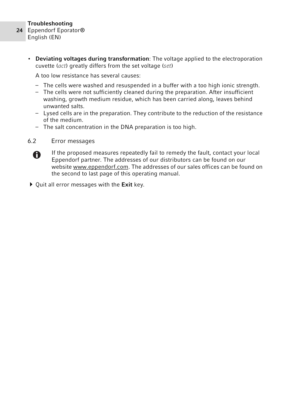 2 error messages, Error messages | Eppendorf Eporator User Manual | Page 24 / 38