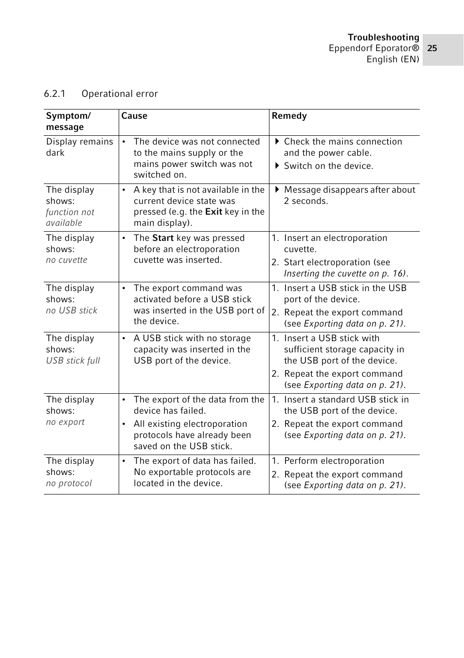 1 operational error, Operational error | Eppendorf Eporator User Manual | Page 25 / 38