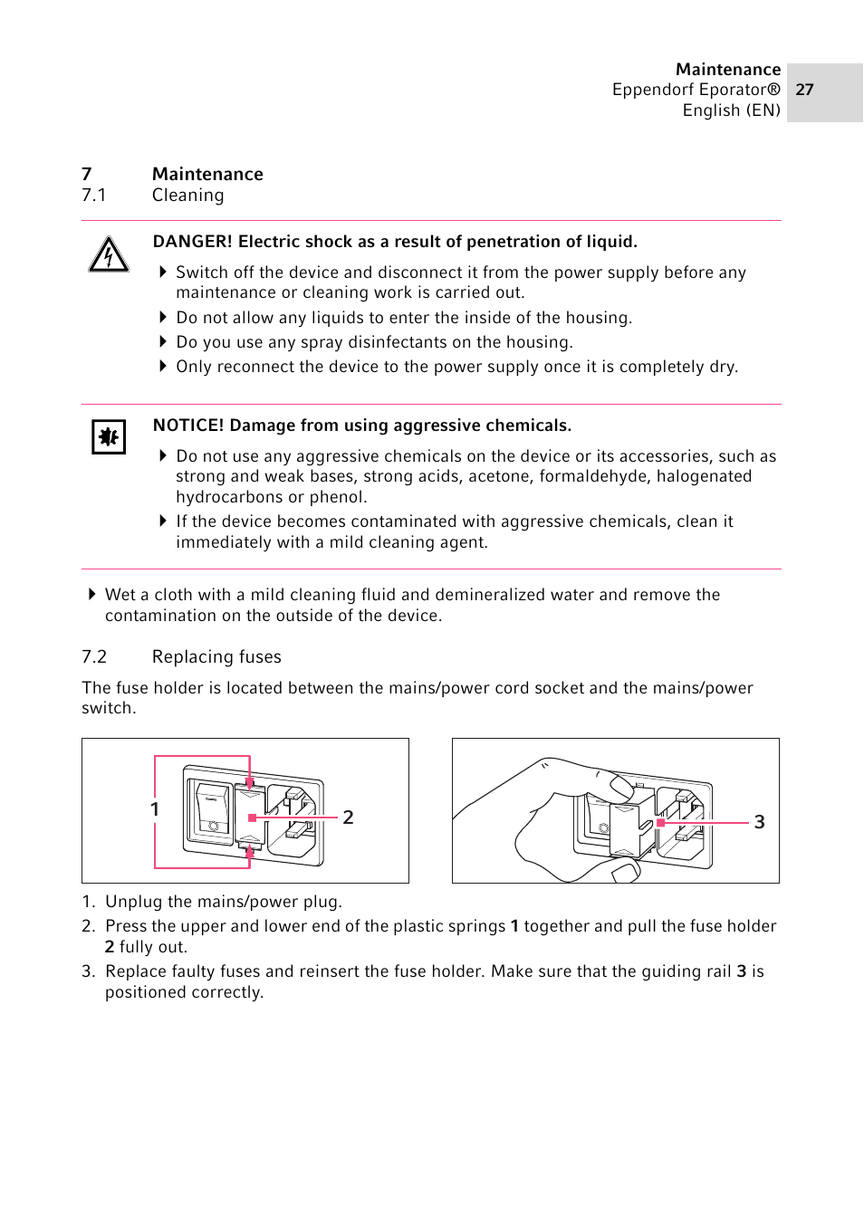 7 maintenance, 1 cleaning, 2 replacing fuses | Maintenance 7.1, Cleaning, Replacing fuses | Eppendorf Eporator User Manual | Page 27 / 38