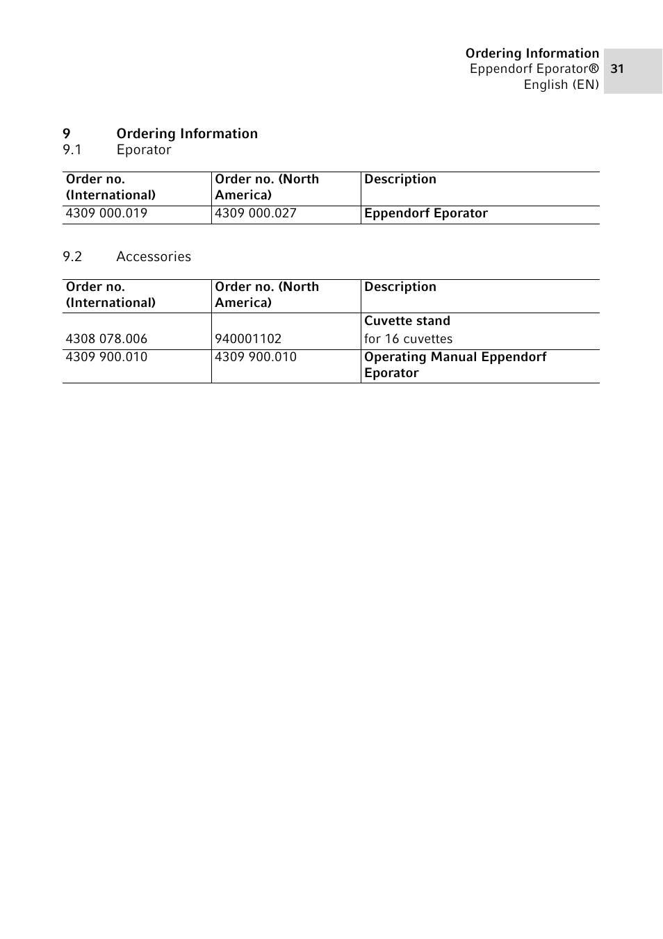 9 ordering information, 1 eporator, 2 accessories | Ordering information 9.1, Eporator, Accessories | Eppendorf Eporator User Manual | Page 31 / 38
