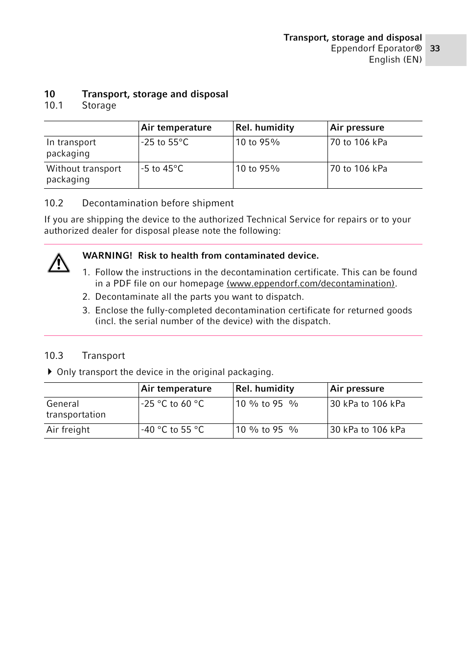 10 transport, storage and disposal, 1 storage, 2 decontamination before shipment | 3 transport, Storage, Decontamination before shipment, Transport | Eppendorf Eporator User Manual | Page 33 / 38