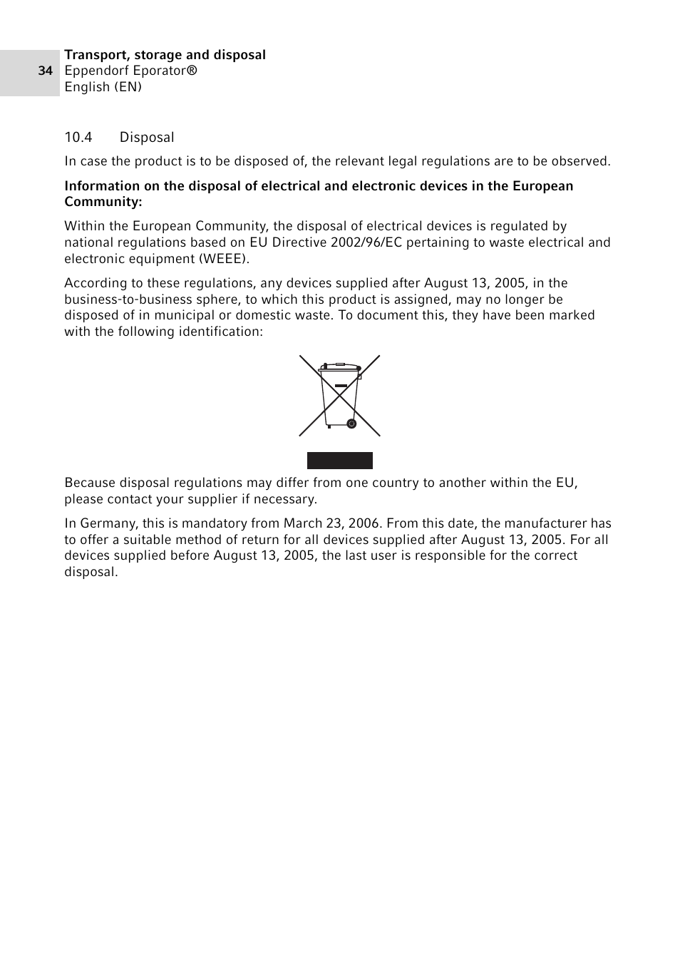 4 disposal, Disposal | Eppendorf Eporator User Manual | Page 34 / 38