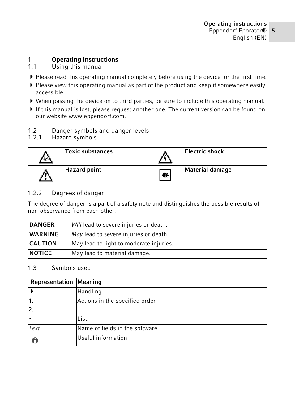 1 operating instructions, 1 using this manual, 2 danger symbols and danger levels | 1 hazard symbols, 2 degrees of danger, 3 symbols used, Operating instructions 1.1, Using this manual, Danger symbols and danger levels 1.2.1, Hazard symbols | Eppendorf Eporator User Manual | Page 5 / 38