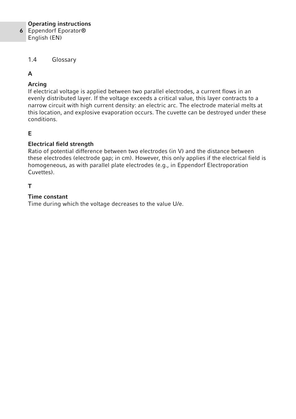 4 glossary, Glossary | Eppendorf Eporator User Manual | Page 6 / 38