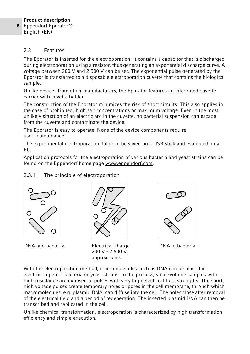 3 features, 1 the principle of electroporation, Features 2.3.1 | The principle of electroporation | Eppendorf Eporator User Manual | Page 8 / 38