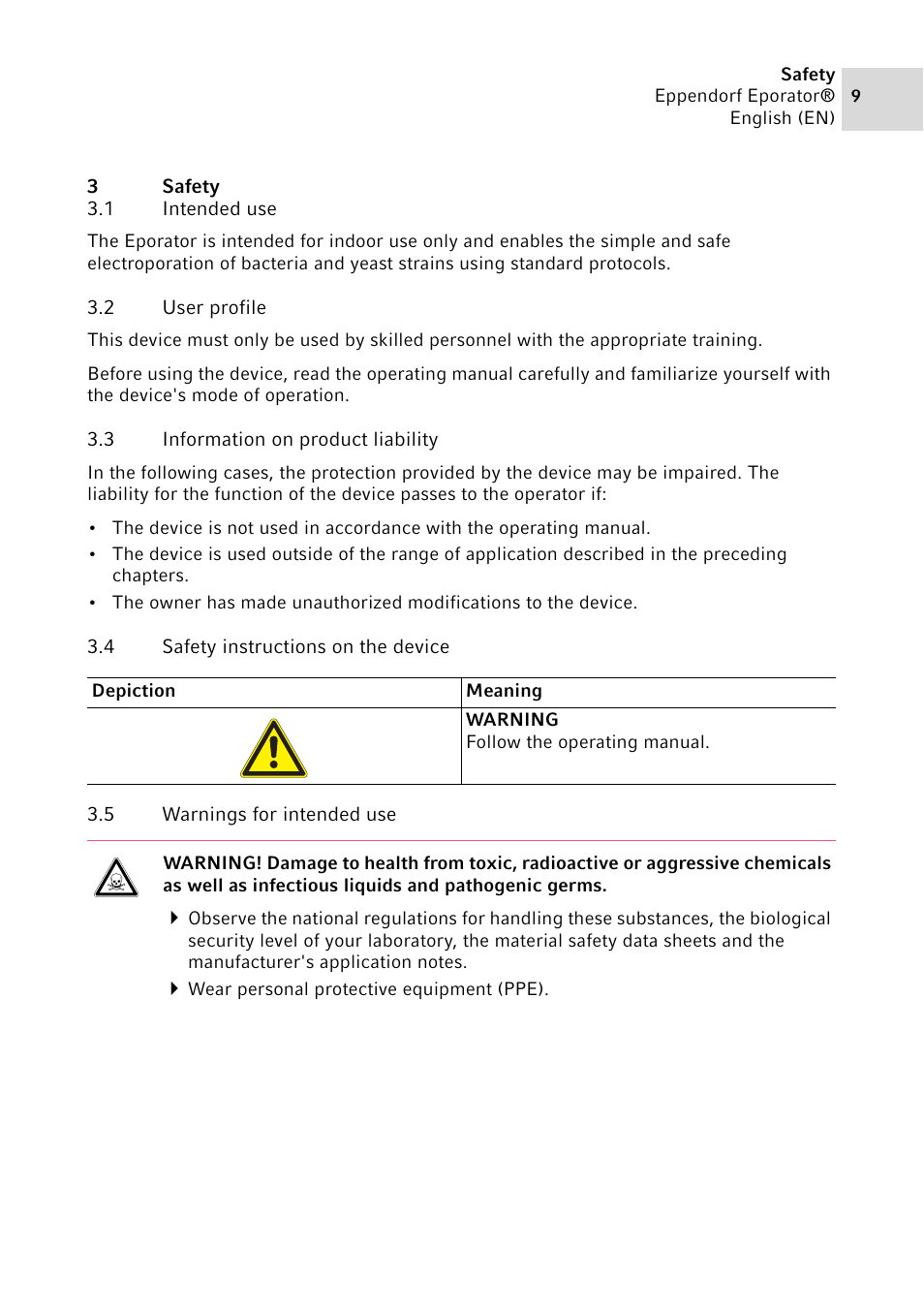 3 safety, 1 intended use, 2 user profile | 3 information on product liability, 4 safety instructions on the device, 5 warnings for intended use, Safety 3.1, Intended use, User profile, Information on product liability | Eppendorf Eporator User Manual | Page 9 / 38