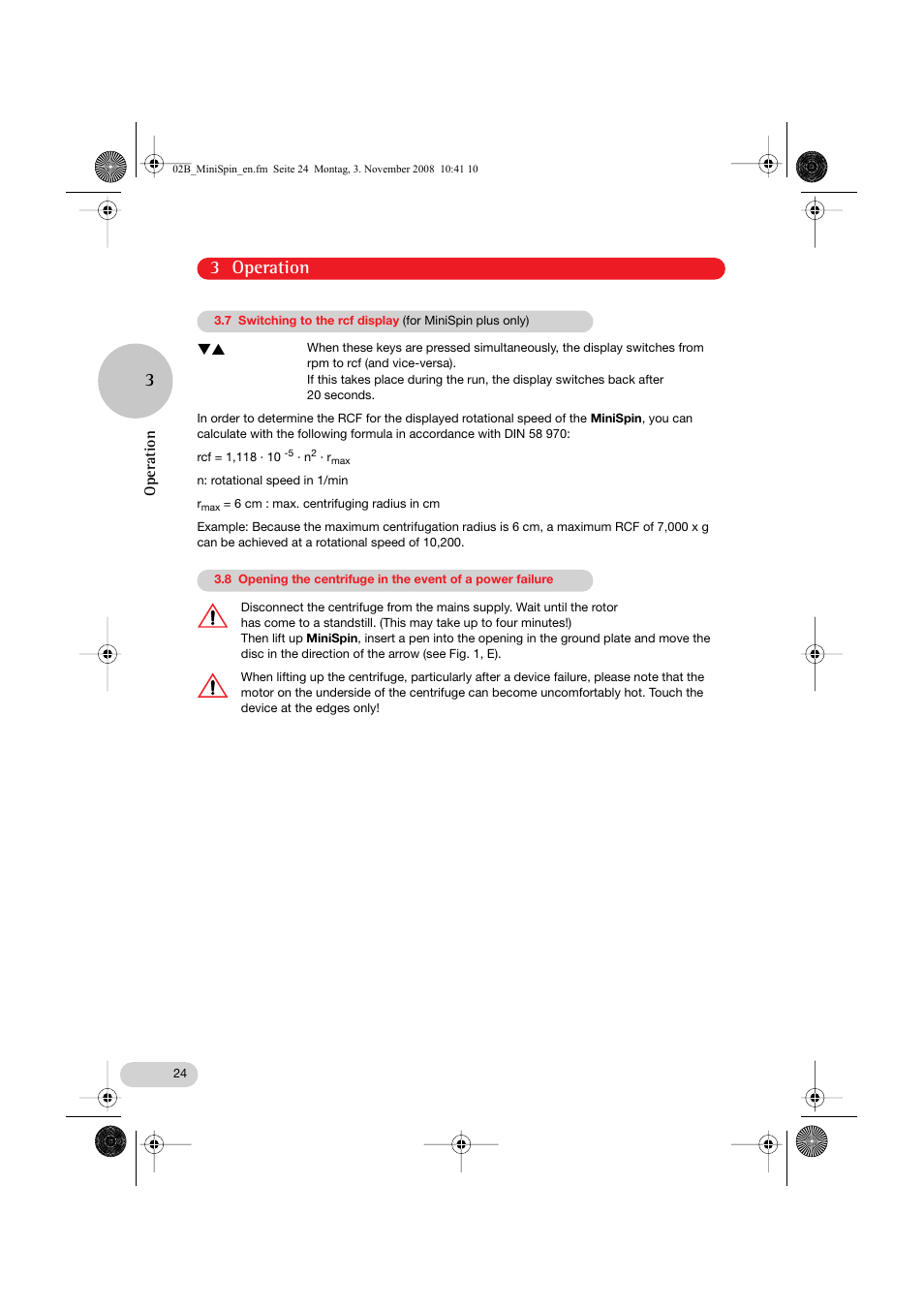 3 operation, Operation | Eppendorf MiniSpin plus User Manual | Page 12 / 20
