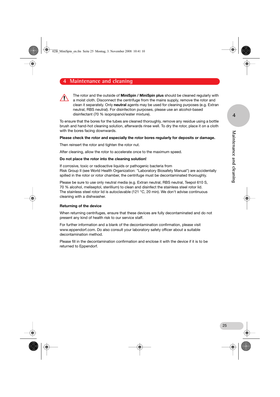 4 maintenance and cleaning 4 | Eppendorf MiniSpin plus User Manual | Page 13 / 20