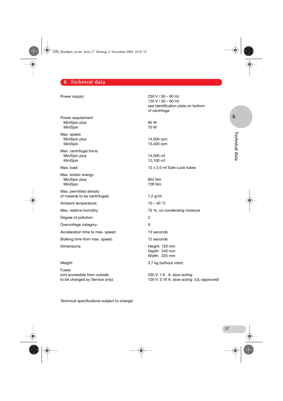 6 technical data, Technical data | Eppendorf MiniSpin plus User Manual | Page 15 / 20