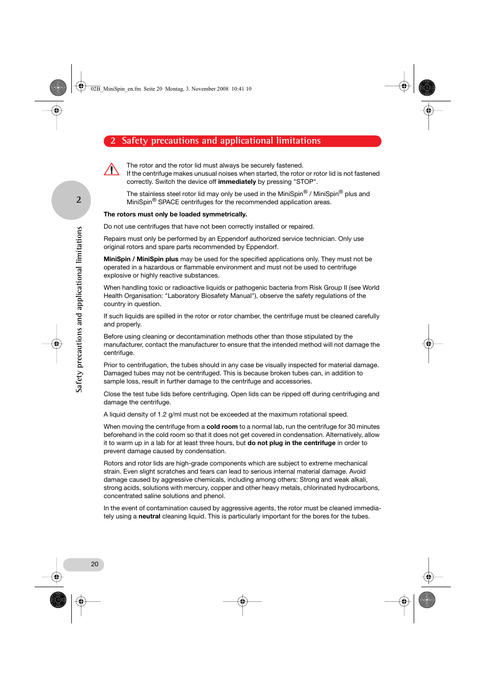 2 safety precautions and applicational limitations, Safety precautions and applicational limitations | Eppendorf MiniSpin plus User Manual | Page 8 / 20