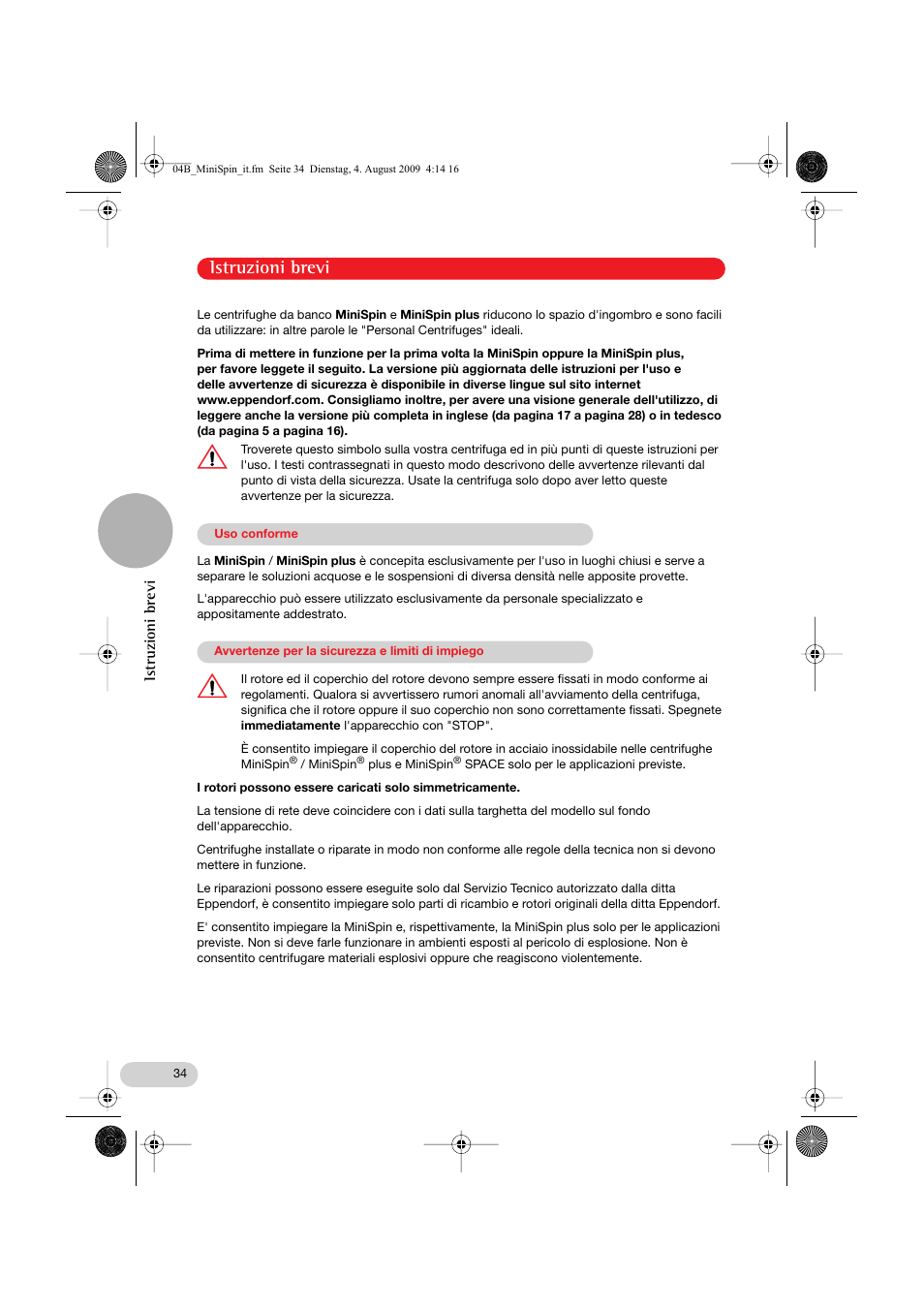 Istruzioni brevi | Eppendorf MiniSpin plus User Manual | Page 17 / 25