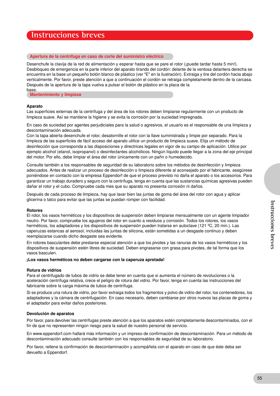 Mantenimiento y limpieza, Instrucciones breves | Eppendorf 5702 RH Centrifuge User Manual | Page 26 / 32