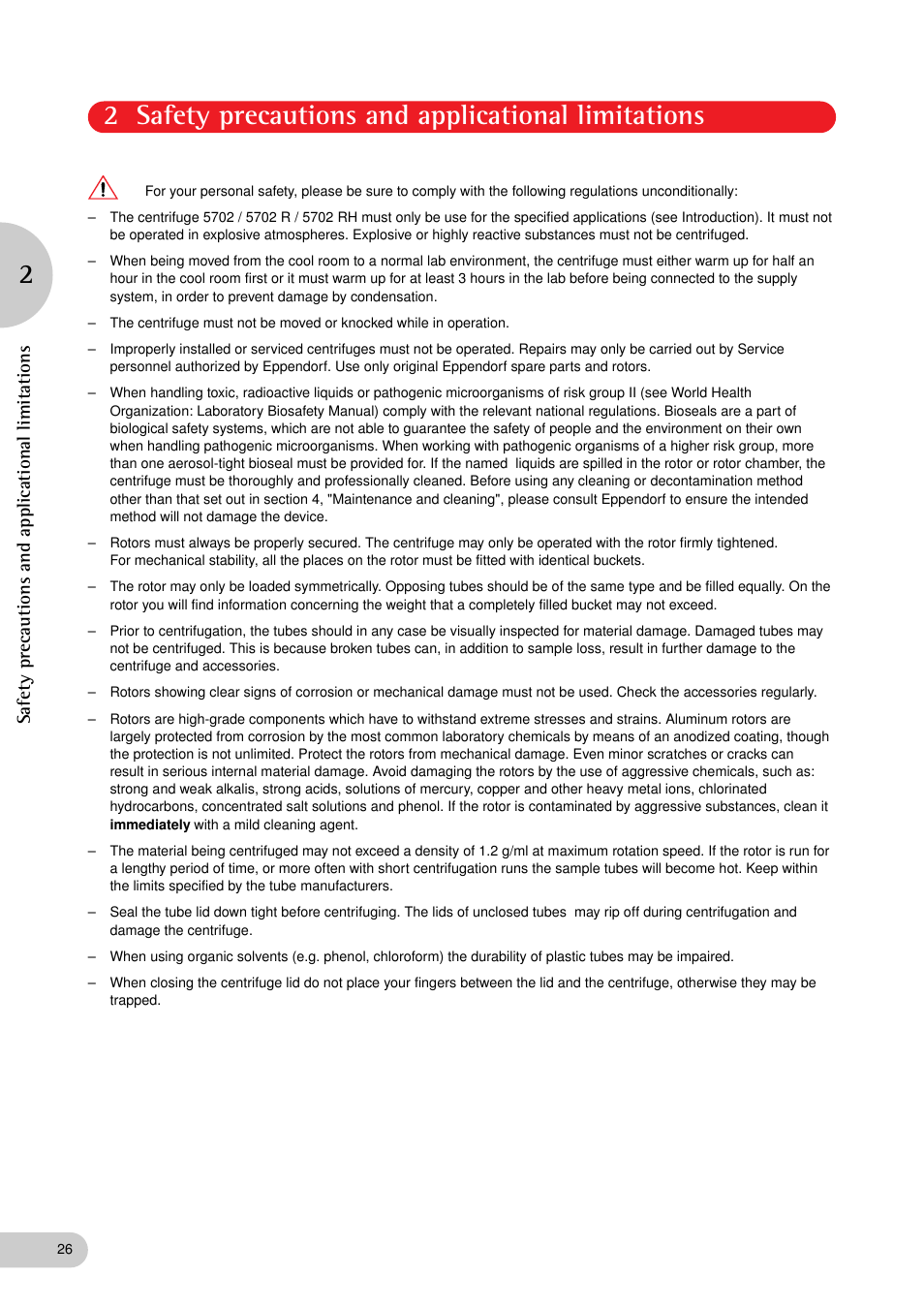 2 safety precautions and applicational limitations, Safety precautions and applicational limitations | Eppendorf 5702 RH Centrifuge User Manual | Page 7 / 32