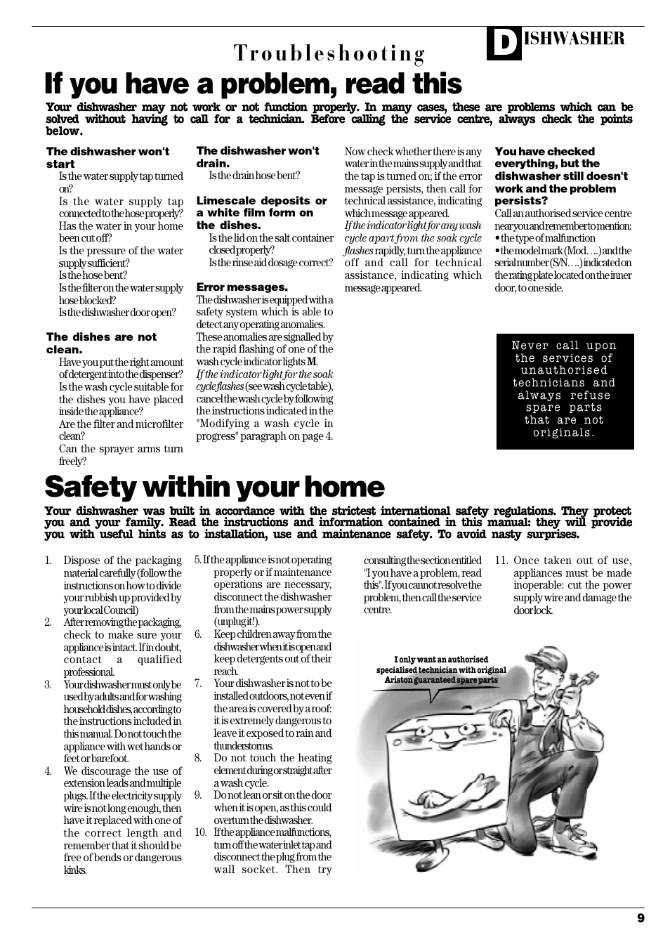 Safety within your home, If you have a problem, read this, Troubleshooting | Ishwasher | Ariston LSI 61UK User Manual | Page 10 / 12
