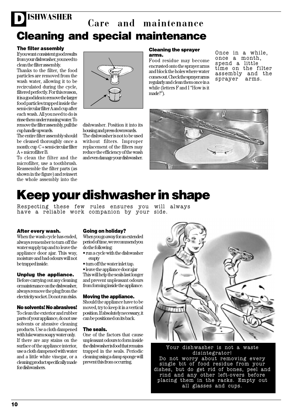 Keep your dishwasher in shape, Cleaning and special maintenance, Care and maintenance | Ishwasher | Ariston LSI 61UK User Manual | Page 11 / 12