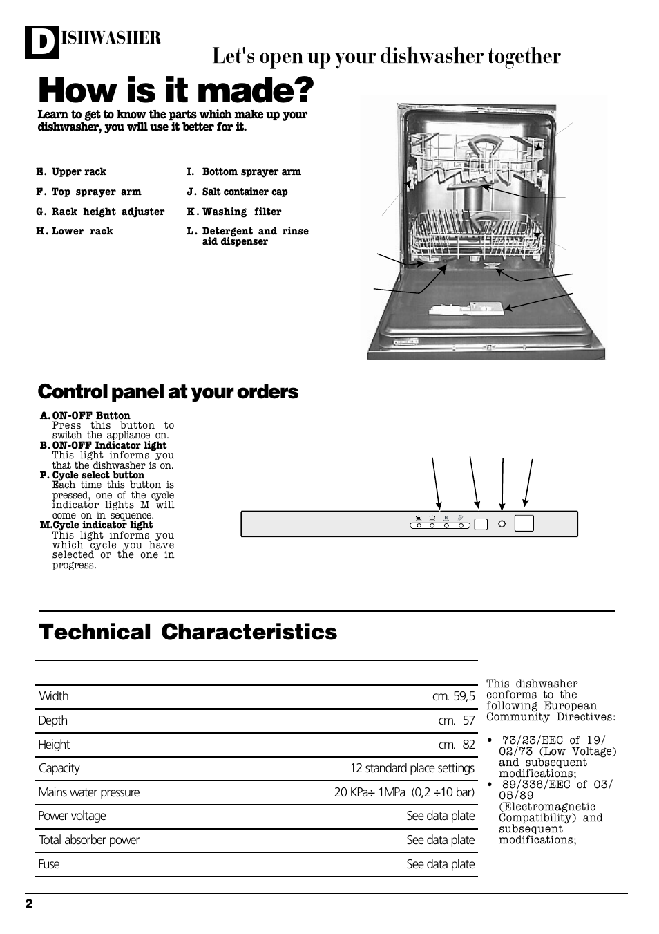How is it made, Let's open up your dishwasher together, Technical characteristics | Control panel at your orders, Ishwasher | Ariston LSI 61UK User Manual | Page 3 / 12