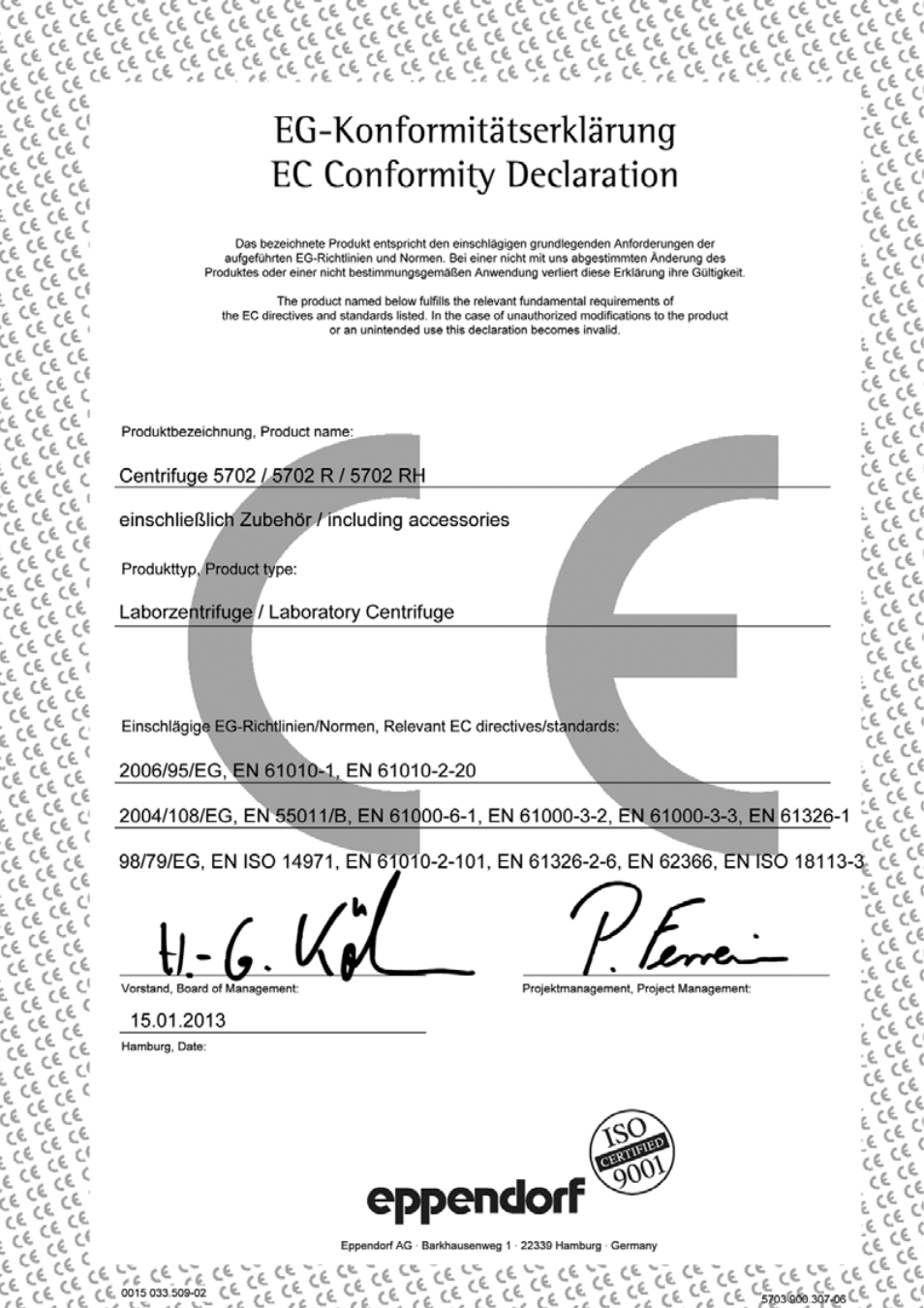 Ec conformity declaration | Eppendorf 5702 RH Centrifuge User Manual | Page 23 / 27