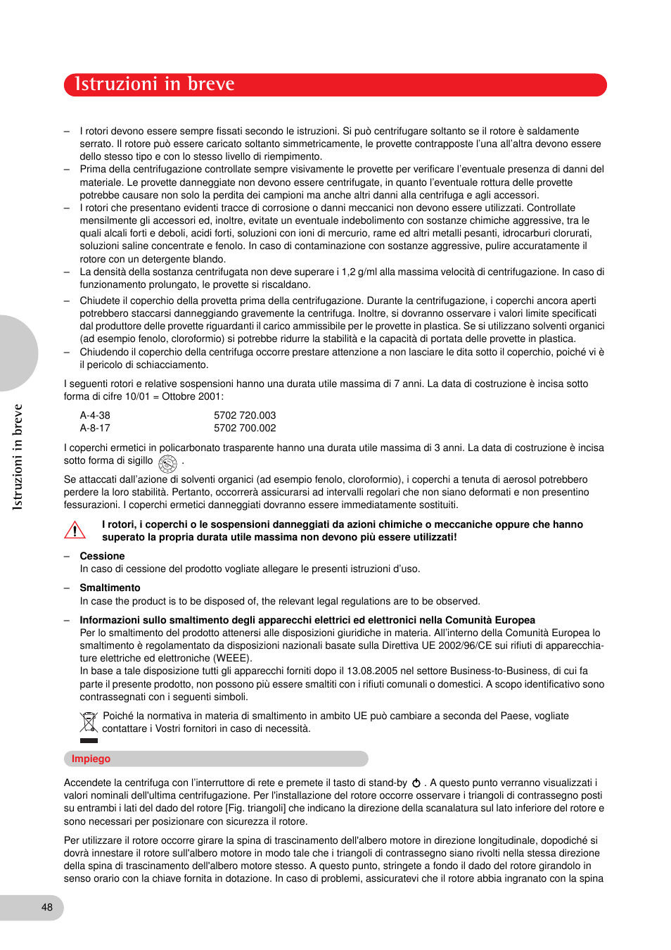 Impiego, Istruzioni in breve | Eppendorf 5702 RH Centrifuge User Manual | Page 24 / 32
