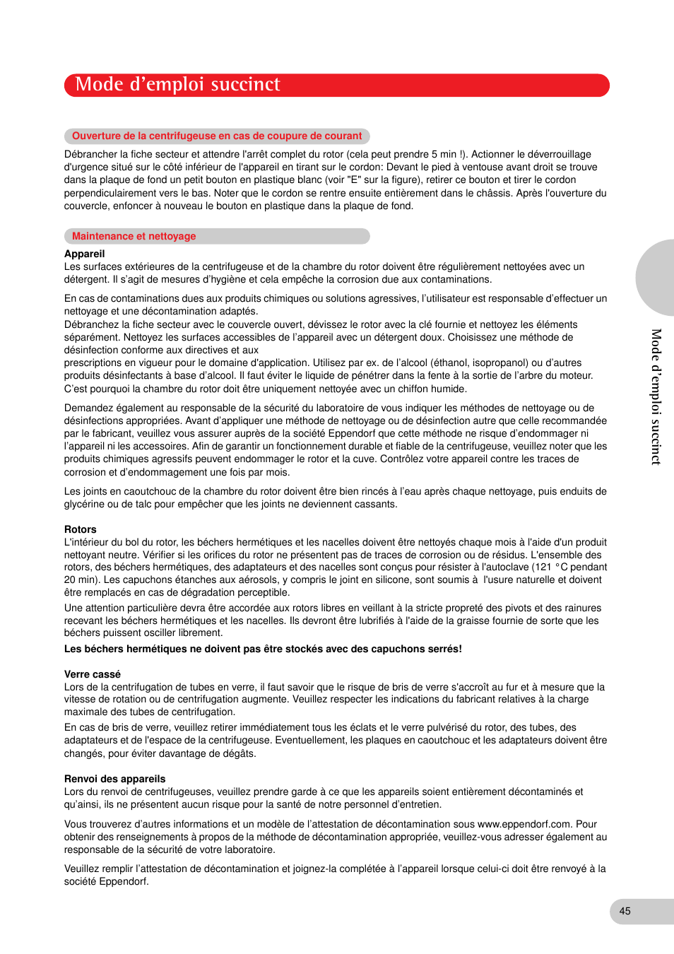 Maintenance et nettoyage, Mode d'emploi succinct | Eppendorf C5702 RH Centrifuge User Manual | Page 26 / 32