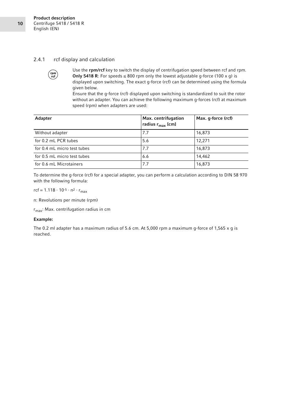 1 rcf display and calculation, Rcf display and calculation | Eppendorf 5418 R Centrifuge User Manual | Page 10 / 80