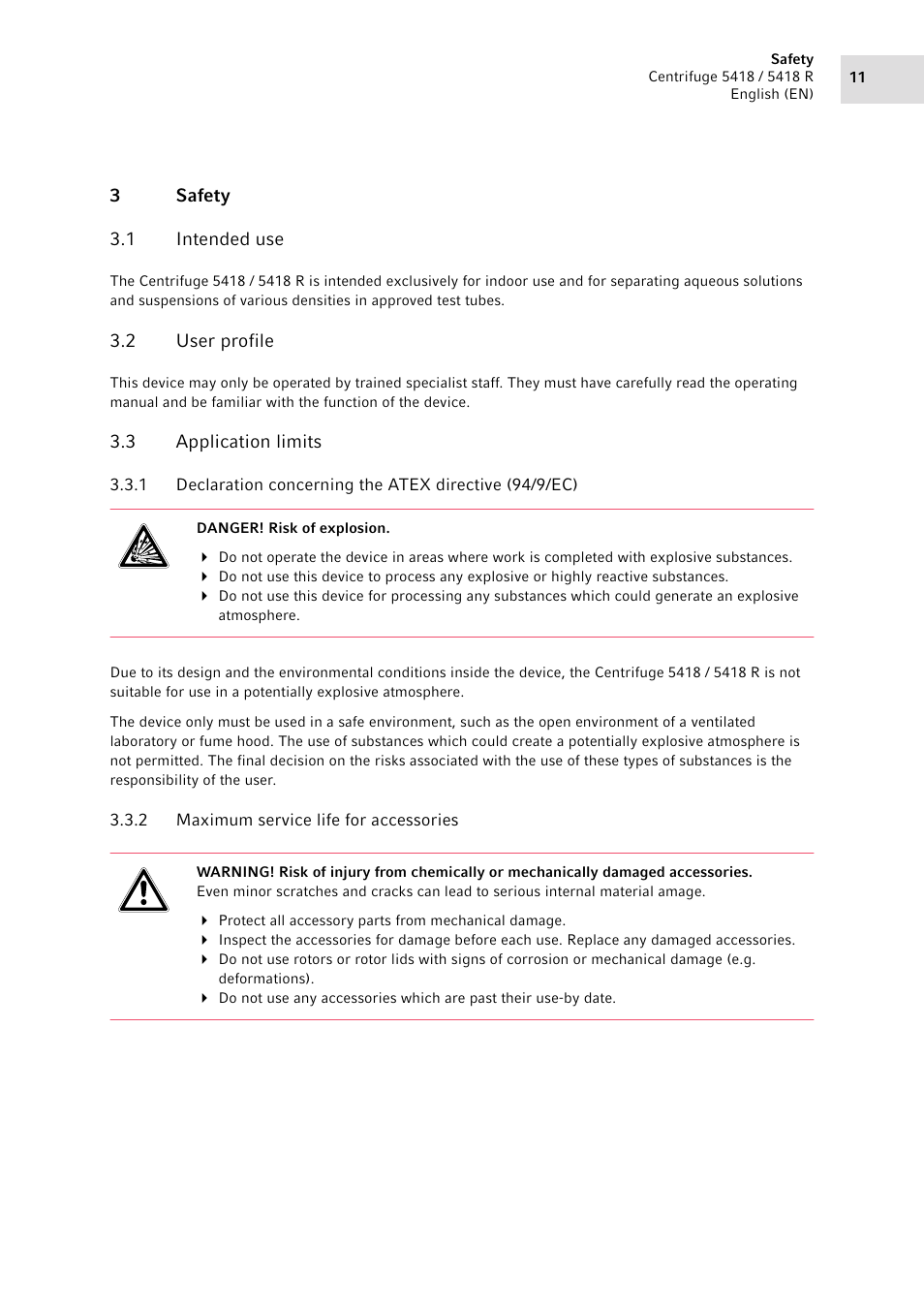 3 safety, 1 intended use, 2 user profile | 3 application limits, 2 maximum service life for accessories, Safety 3.1, Intended use, User profile, Application limits 3.3.1, Maximum service life for accessories | Eppendorf 5418 R Centrifuge User Manual | Page 11 / 80