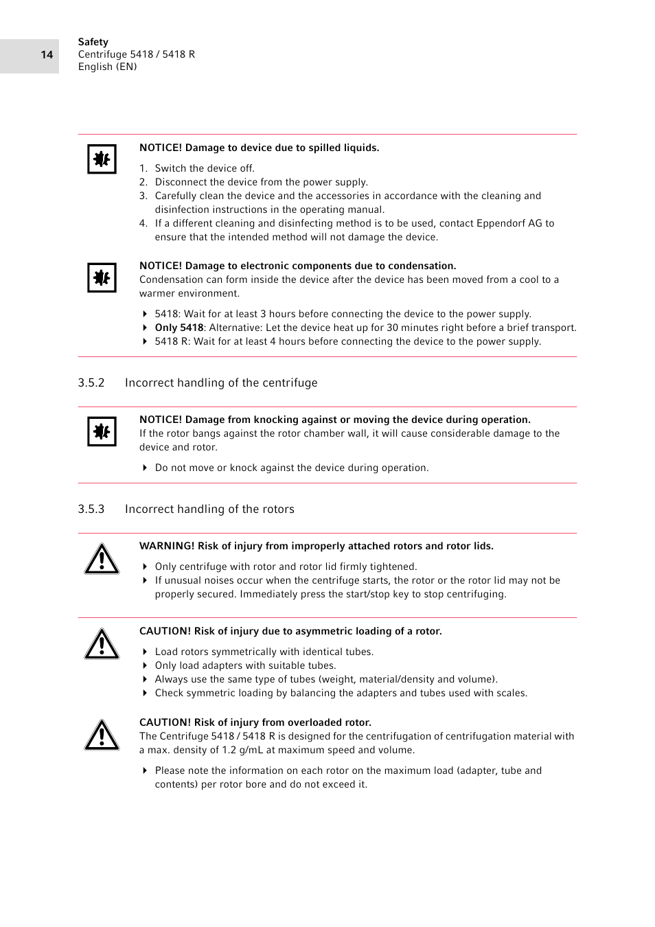 2 incorrect handling of the centrifuge, 3 incorrect handling of the rotors, Incorrect handling of the centrifuge | Incorrect handling of the rotors | Eppendorf 5418 R Centrifuge User Manual | Page 14 / 80