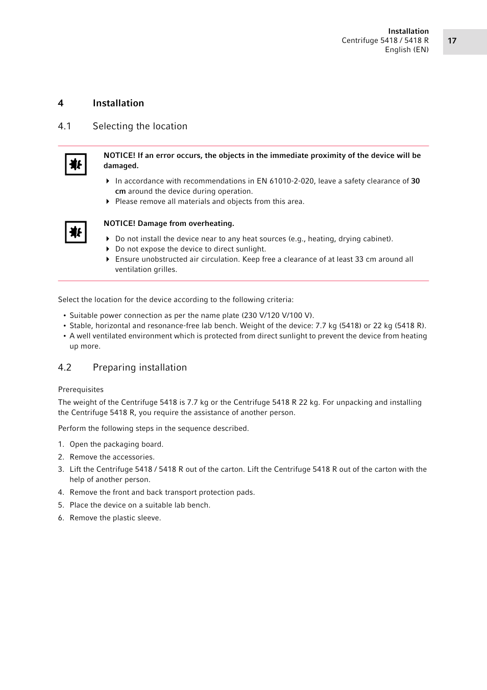 4 installation, 1 selecting the location, 2 preparing installation | Installation 4.1, Selecting the location, Preparing installation | Eppendorf 5418 R Centrifuge User Manual | Page 17 / 80