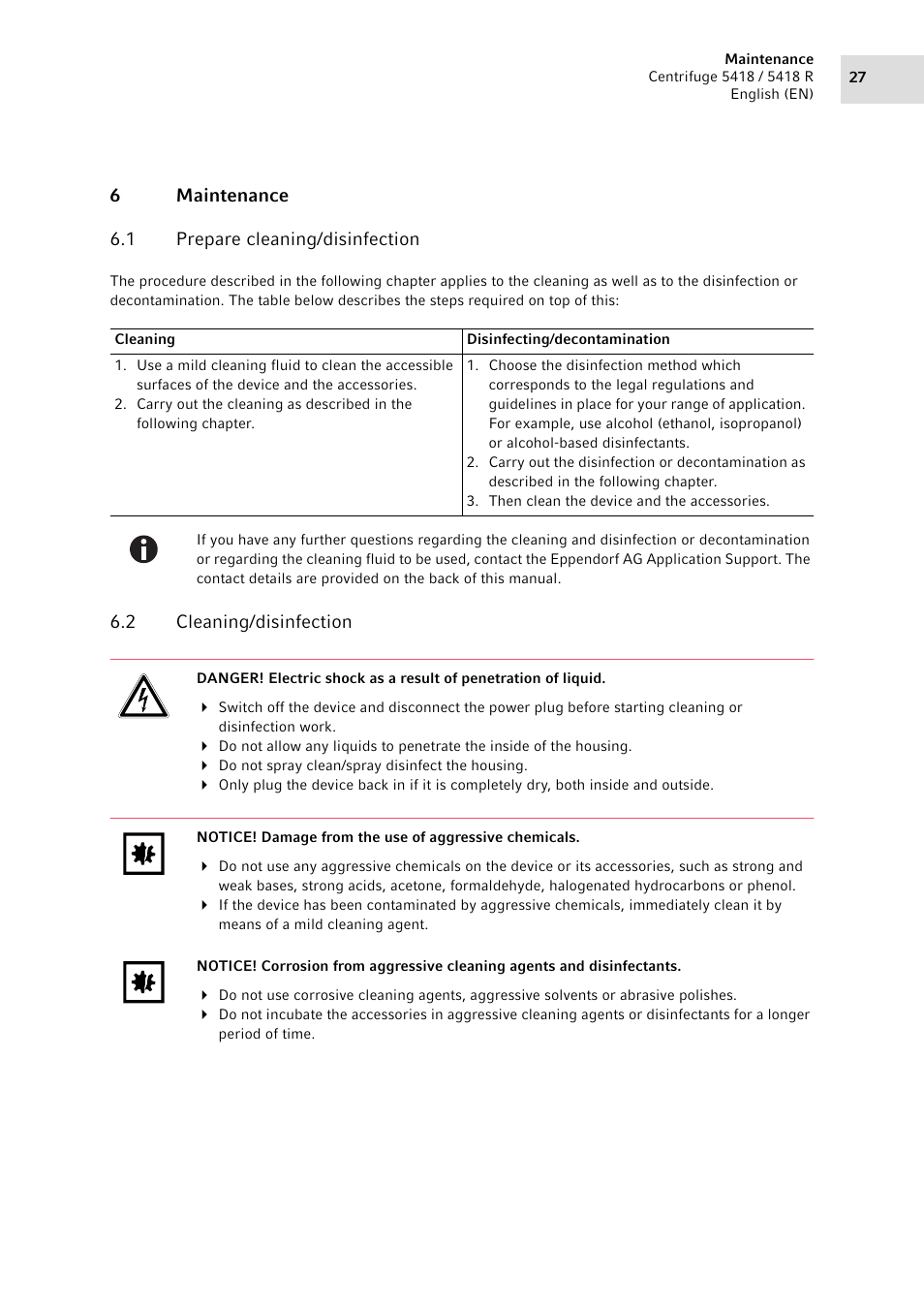 6 maintenance, 1 prepare cleaning/disinfection, 2 cleaning/disinfection | Maintenance 6.1, Prepare cleaning/disinfection, Cleaning/disinfection | Eppendorf 5418 R Centrifuge User Manual | Page 27 / 80