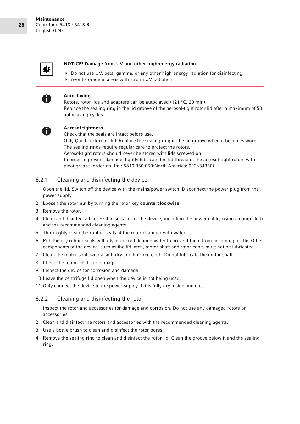 1 cleaning and disinfecting the device, 2 cleaning and disinfecting the rotor, Cleaning and disinfecting the device | Cleaning and disinfecting the rotor | Eppendorf 5418 R Centrifuge User Manual | Page 28 / 80