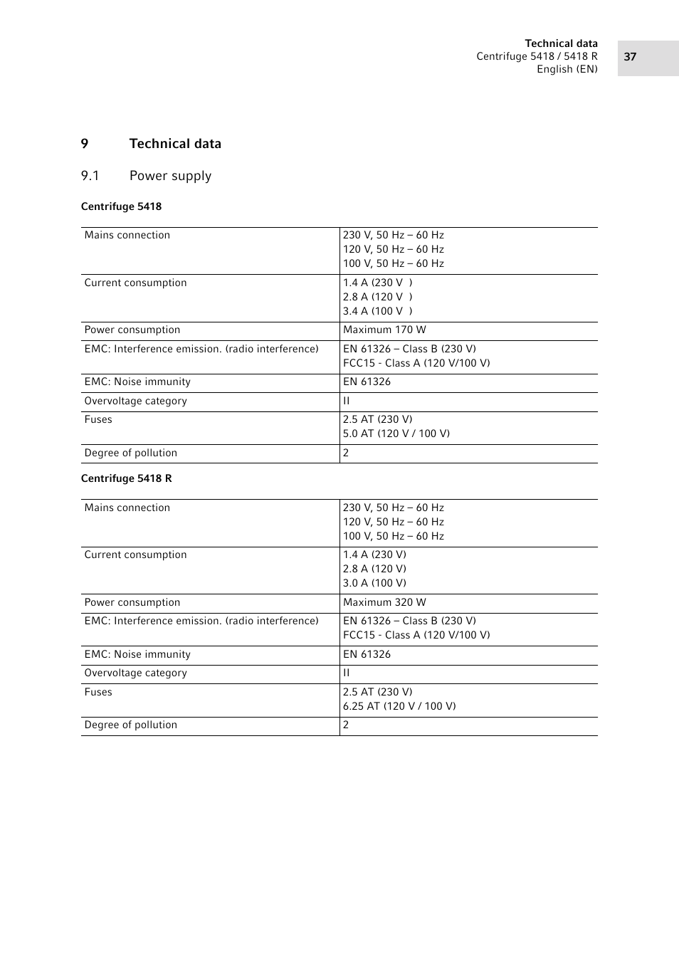 9 technical data, 1 power supply, Technical data 9.1 | Power supply, 9technical data 9.1 power supply | Eppendorf 5418 R Centrifuge User Manual | Page 37 / 80