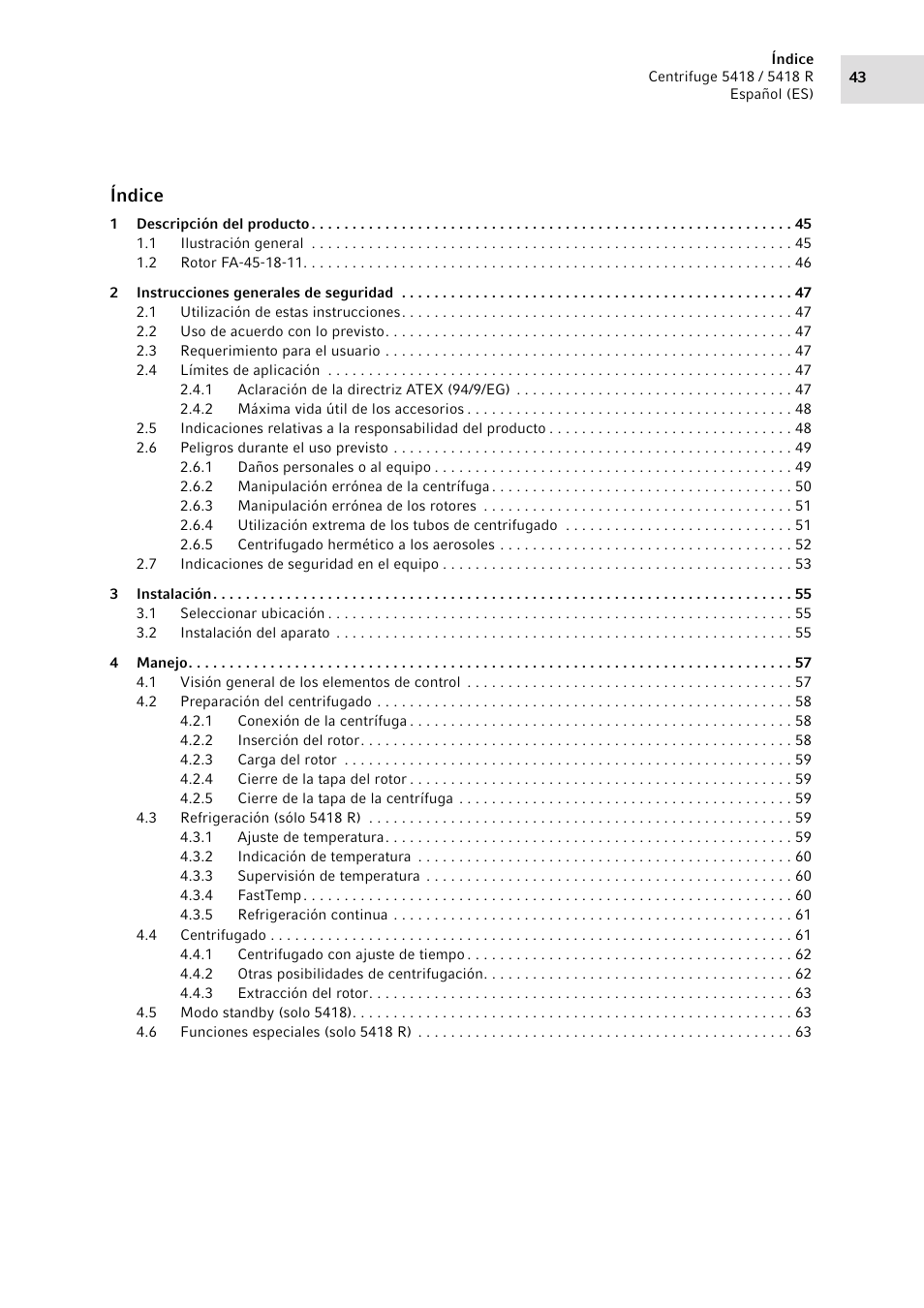 Índice | Eppendorf 5418 R Centrifuge User Manual | Page 43 / 80