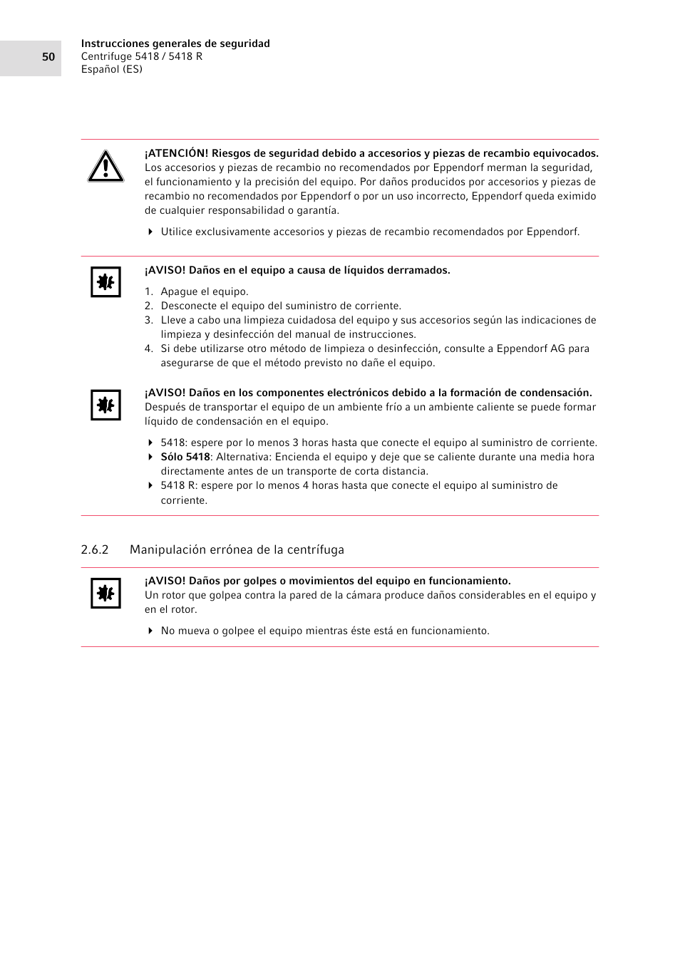 2 manipulación errónea de la centrífuga, Manipulación errónea de la centrífuga | Eppendorf 5418 R Centrifuge User Manual | Page 50 / 80