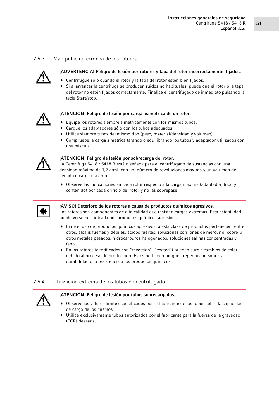 3 manipulación errónea de los rotores, 4 utilización extrema de los tubos de centrifugado, Manipulación errónea de los rotores | Utilización extrema de los tubos de centrifugado | Eppendorf 5418 R Centrifuge User Manual | Page 51 / 80