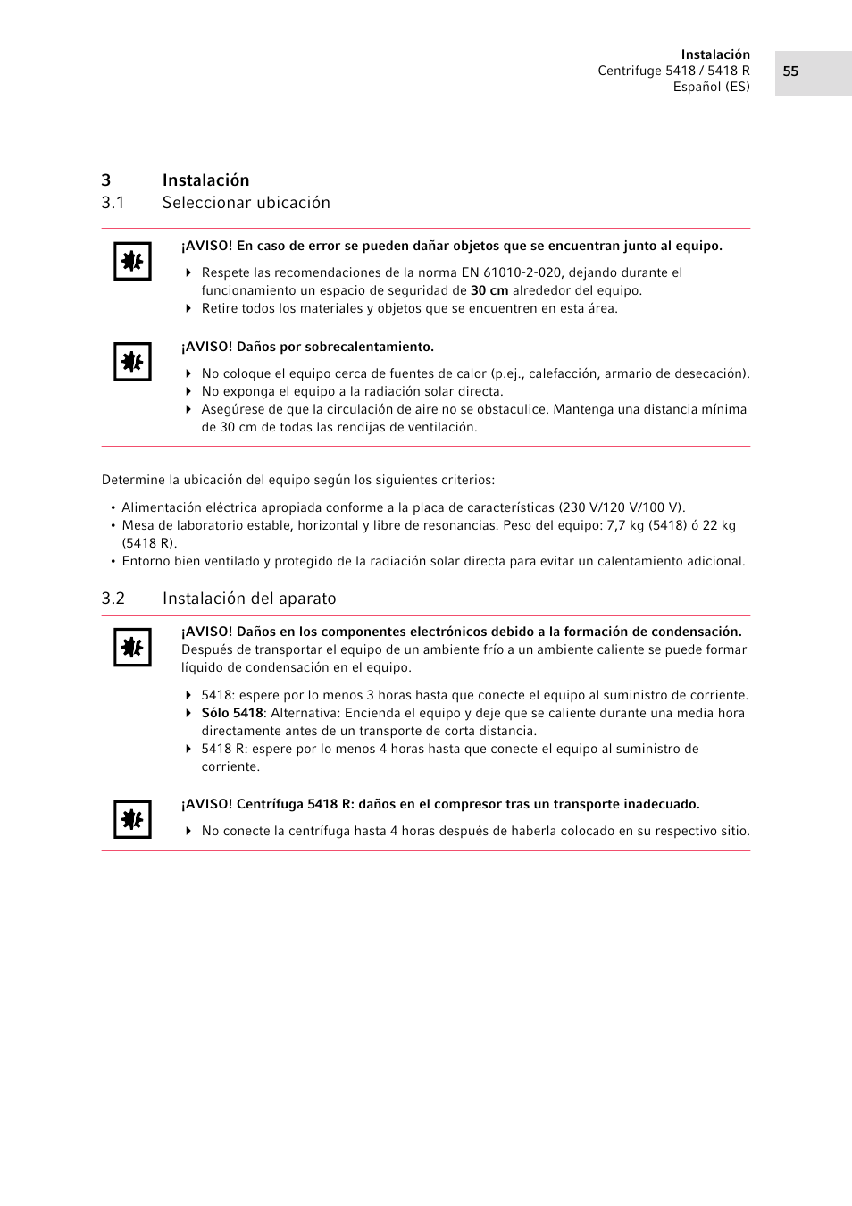 3 instalación, 1 seleccionar ubicación, 2 instalación del aparato | Instalación 3.1, Seleccionar ubicación, Instalación del aparato | Eppendorf 5418 R Centrifuge User Manual | Page 55 / 80