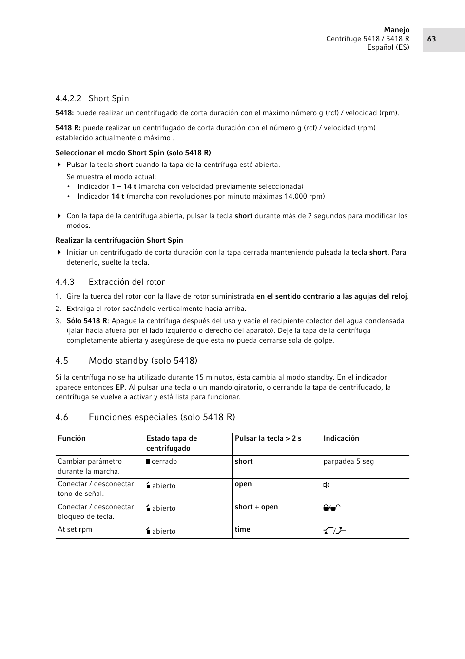 3 extracción del rotor, 5 modo standby (solo 5418), 6 funciones especiales (solo 5418 r) | Extracción del rotor, Modo standby (solo 5418), Funciones especiales (solo 5418 r) | Eppendorf 5418 R Centrifuge User Manual | Page 63 / 80