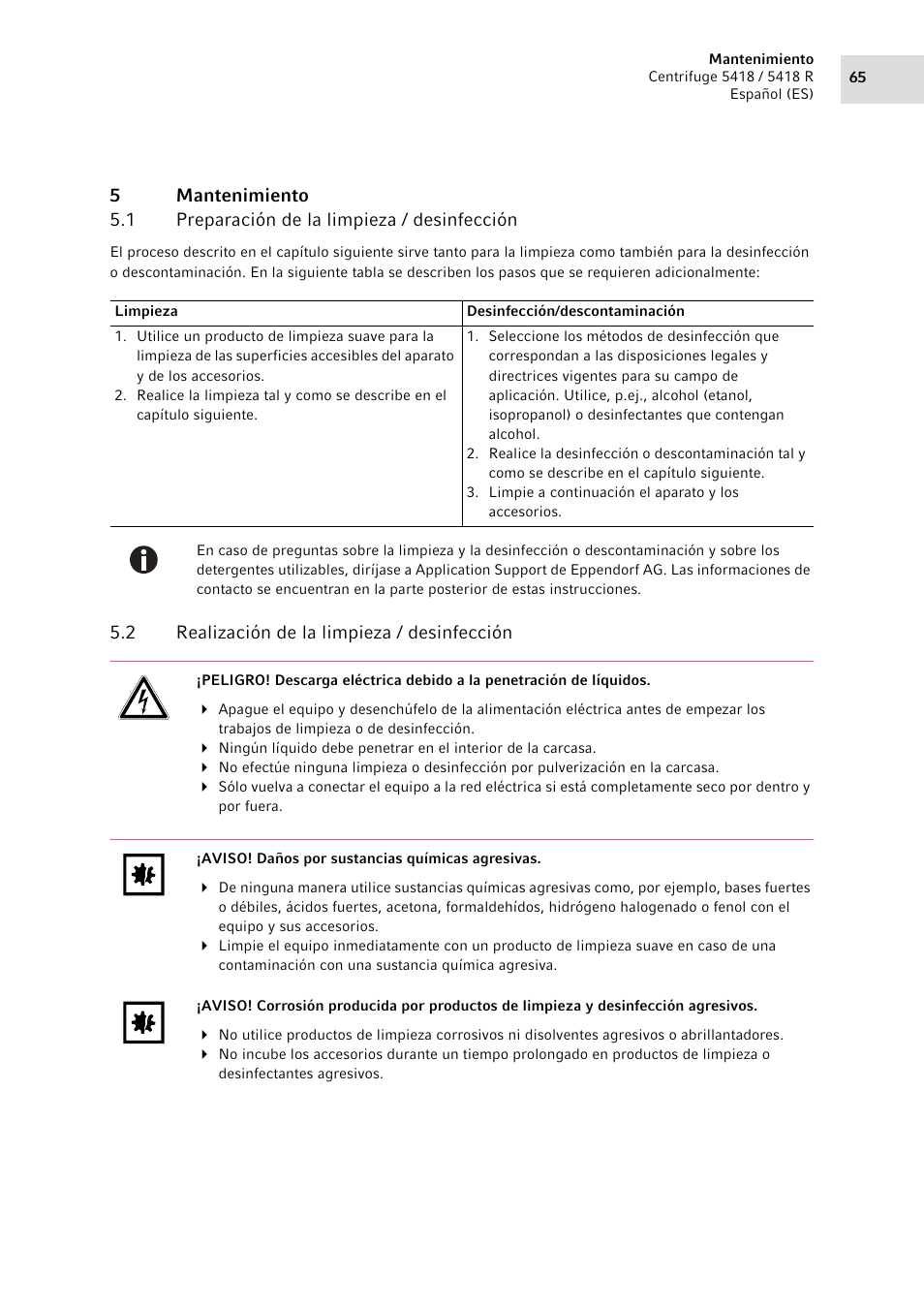 5 mantenimiento, 1 preparación de la limpieza / desinfección, 2 realización de la limpieza / desinfección | Mantenimiento 5.1, Preparación de la limpieza / desinfección, Realización de la limpieza / desinfección | Eppendorf 5418 R Centrifuge User Manual | Page 65 / 80