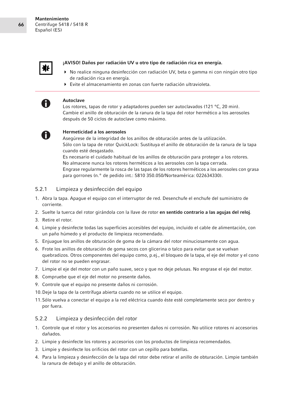 1 limpieza y desinfección del equipo, 2 limpieza y desinfección del rotor, Limpieza y desinfección del equipo | Limpieza y desinfección del rotor | Eppendorf 5418 R Centrifuge User Manual | Page 66 / 80