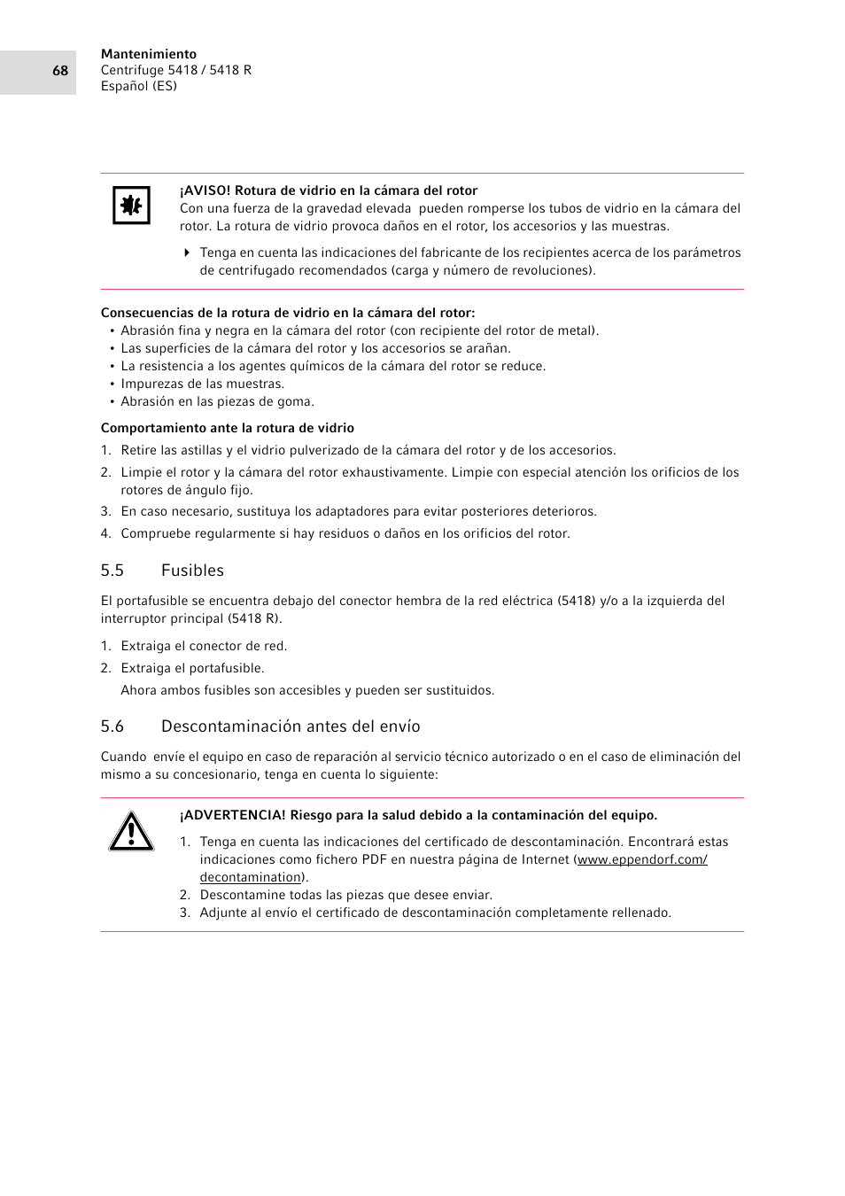 5 fusibles, 6 descontaminación antes del envío, Fusibles | Descontaminación antes del envío | Eppendorf 5418 R Centrifuge User Manual | Page 68 / 80