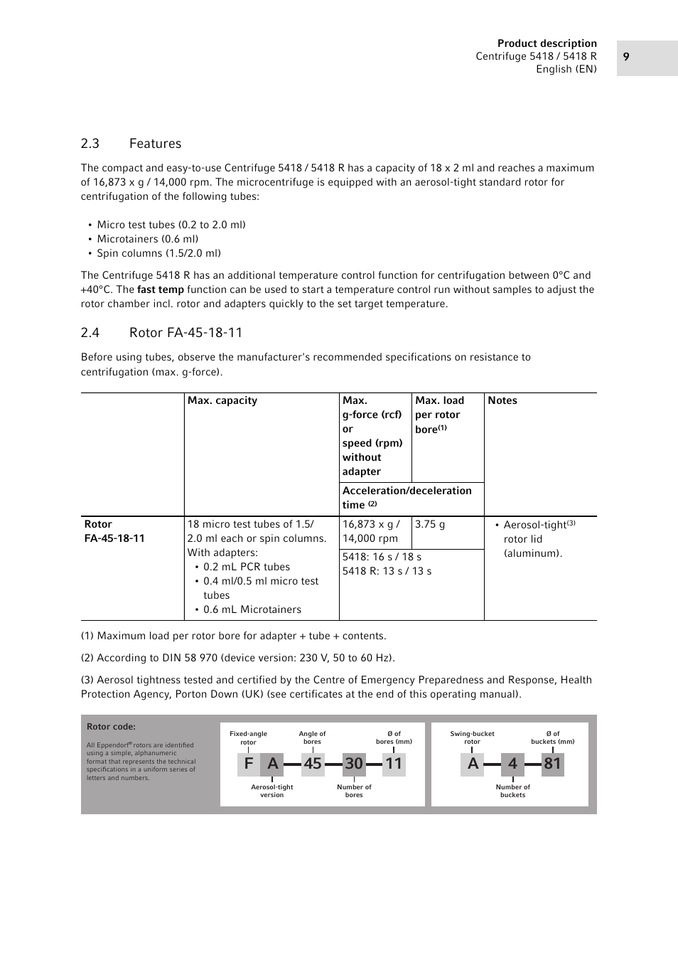 3 features, 4 rotor fa-45-18-11, Features | Rotor fa-45-18-11 | Eppendorf 5418 R Centrifuge User Manual | Page 9 / 80