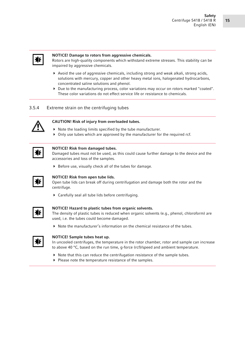 4 extreme strain on the centrifuging tubes, Extreme strain on the centrifuging tubes | Eppendorf 5418 R Centrifuge User Manual | Page 15 / 48