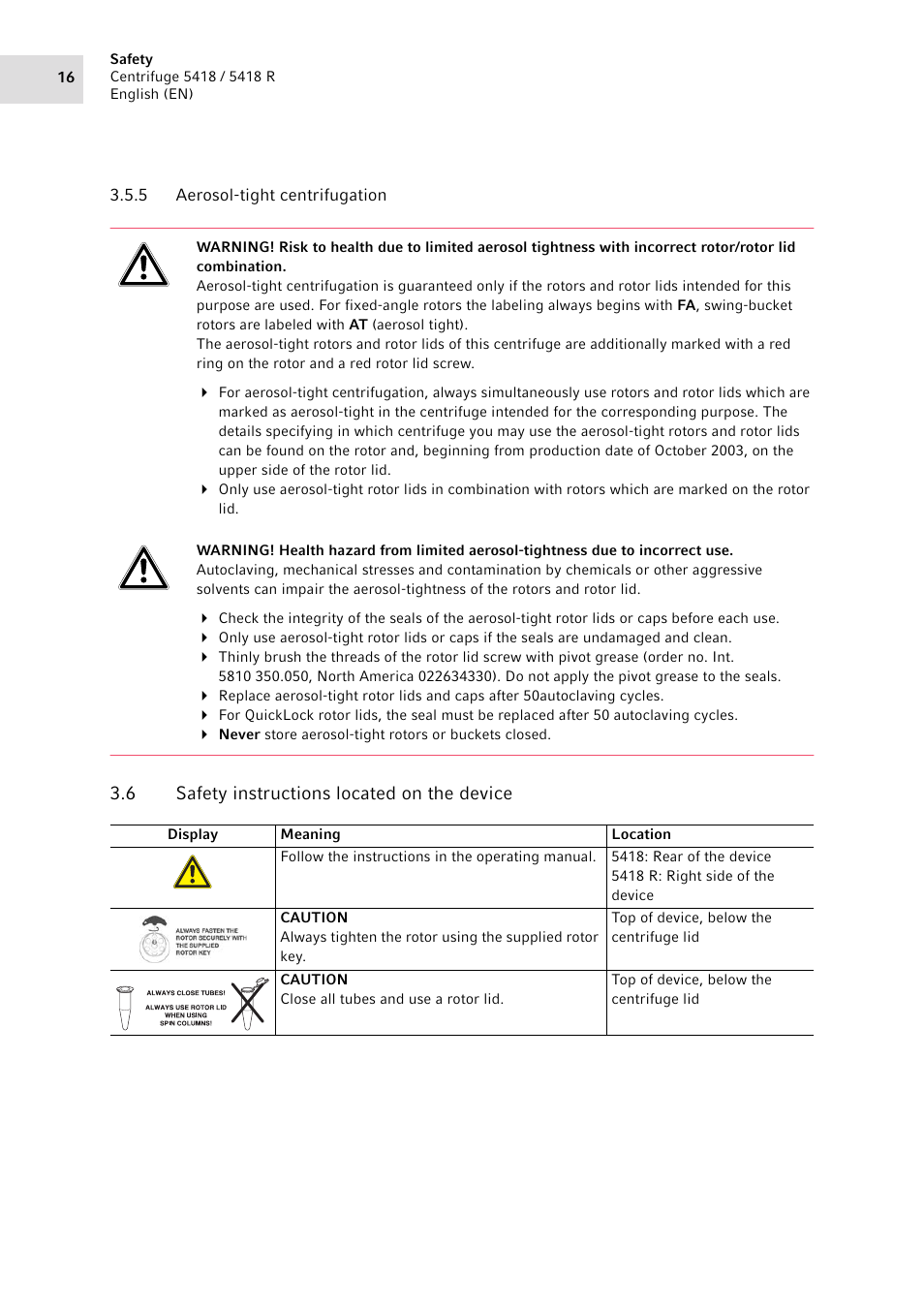 5 aerosol-tight centrifugation, 6 safety instructions located on the device, Aerosol-tight centrifugation | Safety instructions located on the device | Eppendorf 5418 R Centrifuge User Manual | Page 16 / 48
