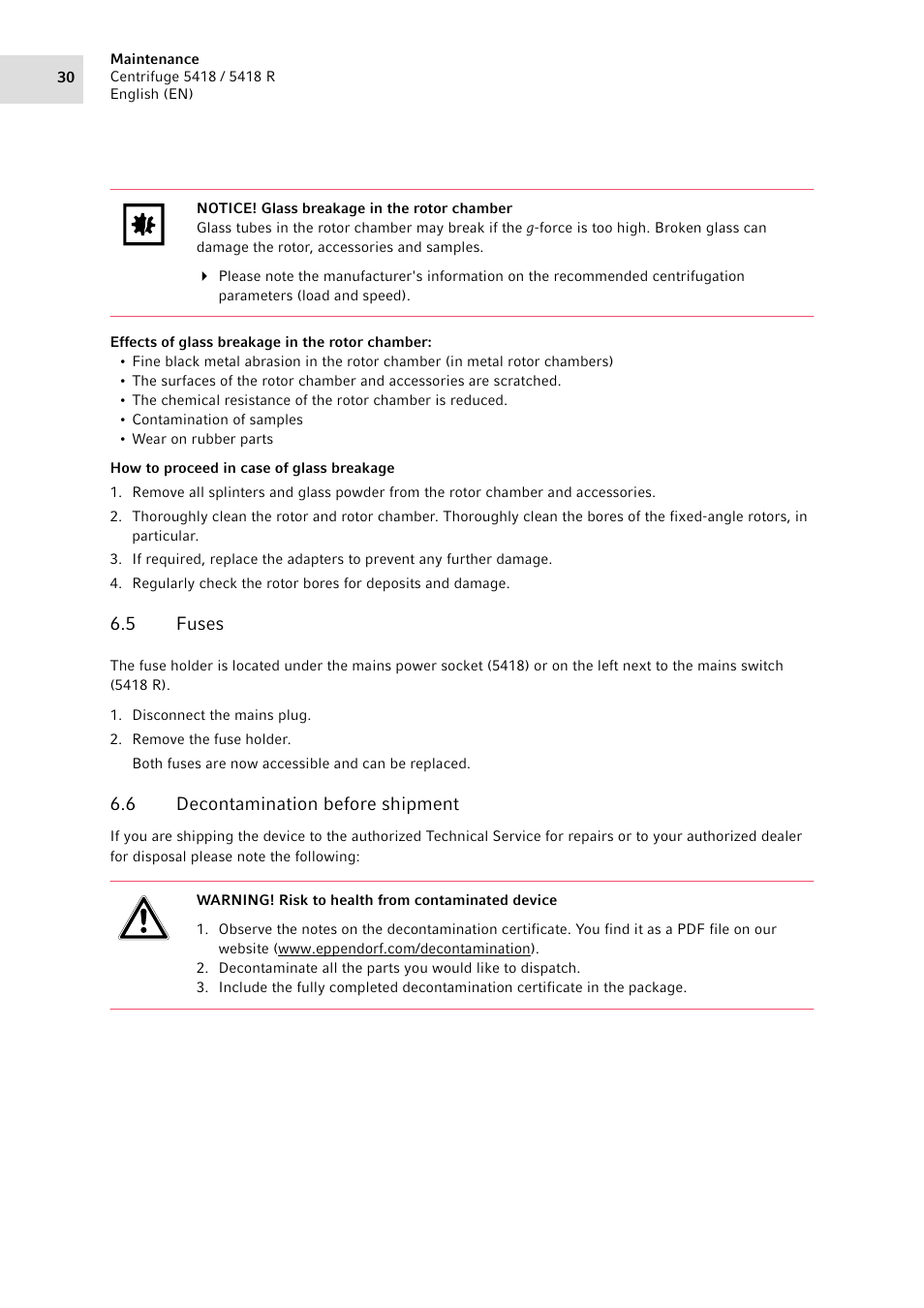 5 fuses, 6 decontamination before shipment, Fuses | Decontamination before shipment | Eppendorf 5418 R Centrifuge User Manual | Page 30 / 48