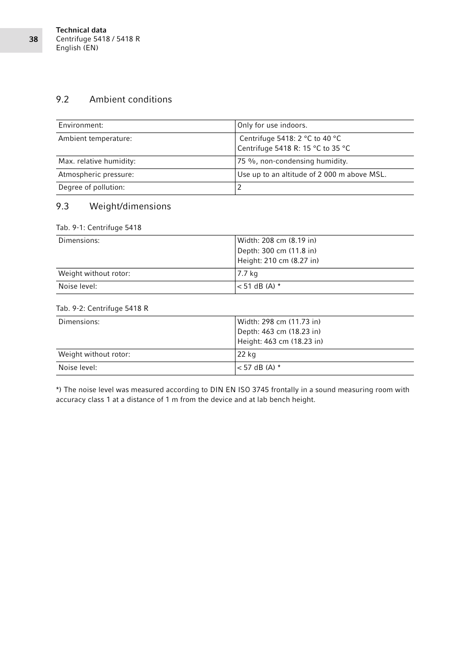 2 ambient conditions, 3 weight/dimensions, Ambient conditions | Weight/dimensions, 2 ambient conditions 9.3 weight/dimensions | Eppendorf 5418 R Centrifuge User Manual | Page 38 / 48