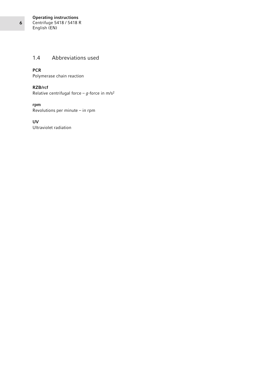 4 abbreviations used, Abbreviations used | Eppendorf 5418 R Centrifuge User Manual | Page 6 / 48