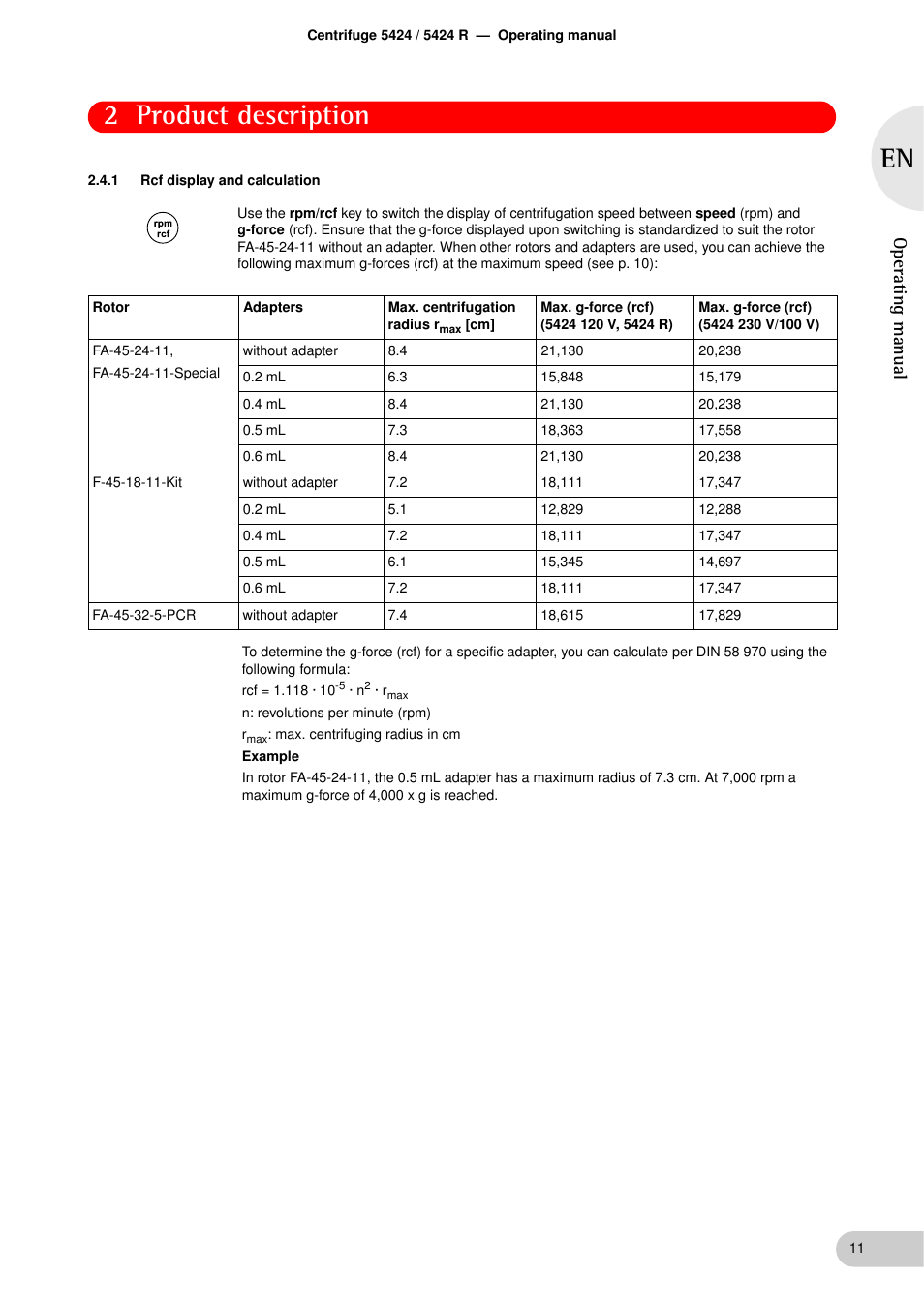 1 rcf display and calculation, Rcf display and calculation, 2 product description | Operating manual | Eppendorf 5424 R Centrifuge User Manual | Page 11 / 71